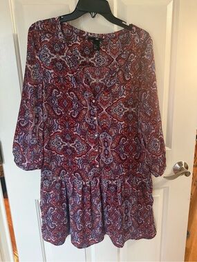 H&M burgundy and Blue Boho Chic Paisley 3/4 Sleeve Dress w/ pockets - size 12